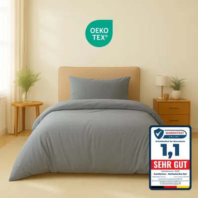 Produktbild von Komfortec Premium Bettwäsche 135x200 cm Bettbezug + 40x80 cm Kissenbezug, gebürstet 100% Polyester-Mikrofaser 120 g/m², 2teiliges Superweiches Bettwäsche-Set, Grau