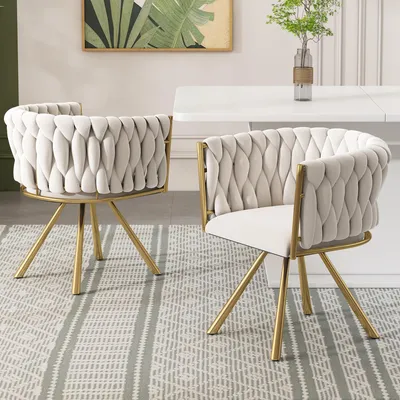 Produktbild von Samt-Esszimmerstuhl 2er Set Drehstuhl 360° drehbar vier Metallbeine ergonomisch Beige Gold