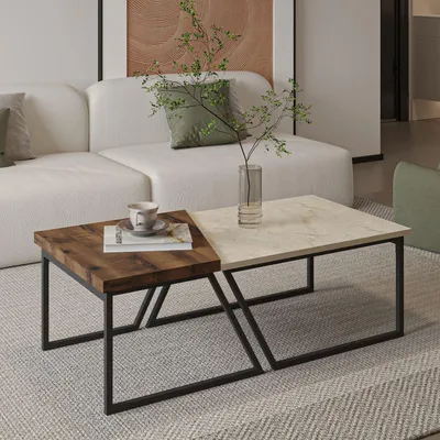 Obrázok produktu pre Skye Decor, Verona P0024623 – Travertine, Rustic Walnut, Sada konferenčných stolíkov, Travertín, 100 % MELAMÍNOVÁ DESKA, 60–80 x 60 x 38,8 cm