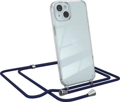 A clear iPhone case with a blue lanyard attached, shown from the back.