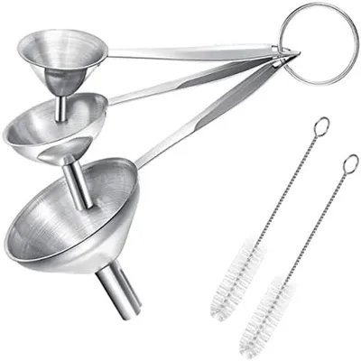 Produktbild von Edelstahl-Küchen-Trichter 3-teilig mit Kolben-Design und 2 Reinigungsbürsten für Flüssigkeiten und Pulver