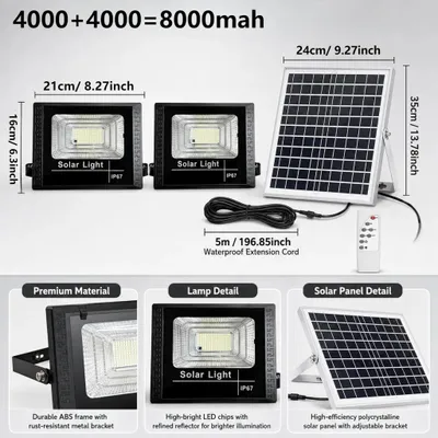 Immagine prodotto di Lampada solare da esterno a due luci - 8000 mAh - LED - Grado di protezione IP65 (resistente all'acqua) - Dimmerabile - Ideale per il giardino