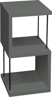 A gray modular shelf unit with two open compartments, supported by black metal rods.