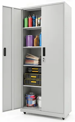 Obrázek produktu pro COSTWAY, skříň s 5 policemi, uzamykatelná, s dvojitými dveřmi a kolečky, výška 186 cm, víceúčelová skříň s 4 nastavitelnými policemi, kancelářská skříň, kovová skříň