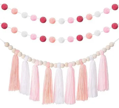 Immagine prodotto di Set di 3 ghirlande di pompon di cotone rosa e feltro