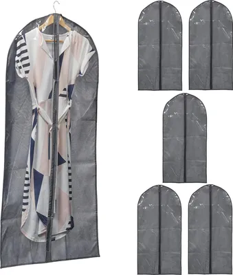 Produktbild von Relaxdays Kleidersack 6er Set, mit Reißverschluss, 135 x 60 cm, Vlies, Schutzhülle Anzug, Kleid, Hemd, grau/transparent