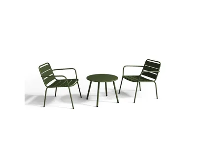 Produktbild von Garten-Sitzgruppe: Beistelltisch + 2 stapelbare Sessel - Metall - Khaki - MIRMANDE von MYLIA