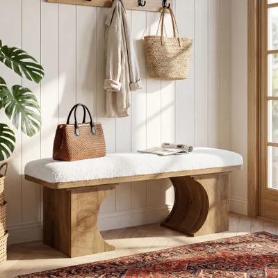 Image de Tribesigns, banc rembourré de 120 cm, banc avec coussin, meuble de rangement pour chaussures idéal pour l'entrée, banc de chevet pour la chambre, pieds en bois, couleur crème/marron