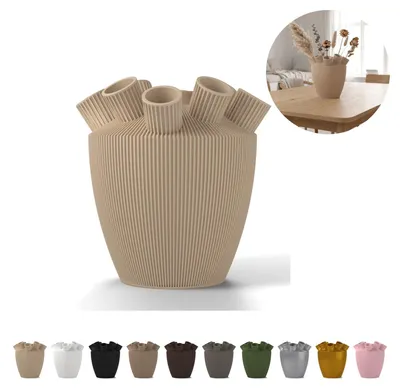 Produktbild von Deko Vase Shinzo 18,1 cm, gerippte Tulpenvase mit Stielröhrchen, PLA – Beige