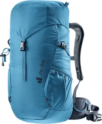 A blue Deuter backpack shown from the side against a white background.