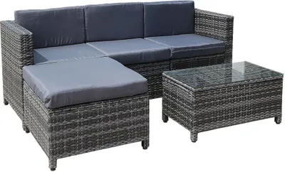 Produktbild von Polyrattan Lounge Gartensofa Set Hocker Tisch Sitzgruppe Grau Rattanmöbel Liege