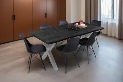 Produktbild von Esstisch Baumkante Holz-Optik Grau 180 x 90 X-Gestell silber JOSY, KI-generiertes Bild