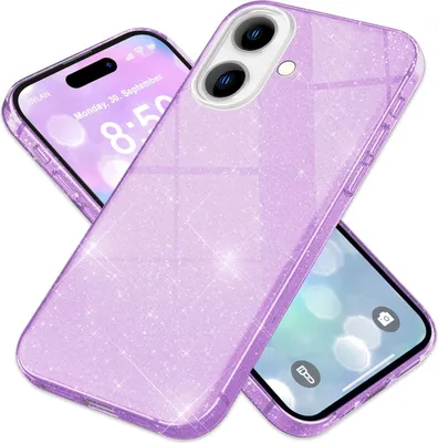 Produktbild von NALIA Glitzerhülle für iPhone 16 – Funkelnder Glitzer-Look & Grip – SHINEPOP (Silikon Case) – Marke aus Berlin – Lila