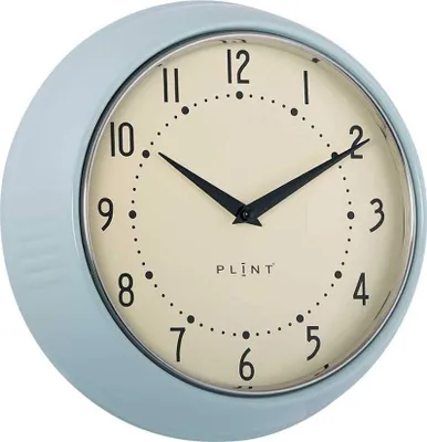 A light blue retro-style wall clock with a cream-colored face and black hands.