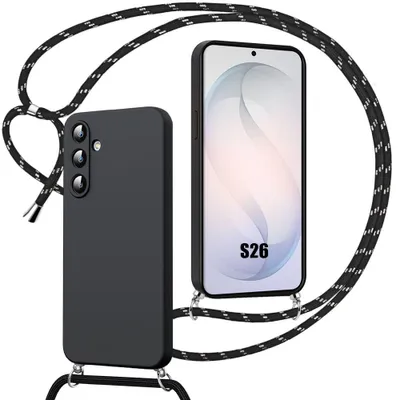 Image de Coque pour Samsung Galaxy S26, Protection Silicone Liquide Antichoc Anti-Rayure avec Cordon Noir