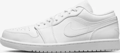A white Nike Air Jordan 1 Low sneaker is shown from the side against a white background.