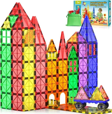Productafbeelding van Magnetische bouwstenen, 44-delig – Magnetisch speelgoed voor kinderen vanaf 3 jaar – STEM/MINT Montessori leerspeelgoed met een magnetisch autootje en een opbergzak – Constructiespeelgoed voor jongens en meisjes