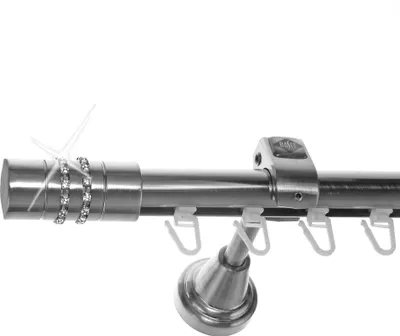 Produktbild von Innenlauf Edelstahl Look Gardinenstange 20mm Wandträger 1-läufig Zylinder + Kristall, Länge wählbar H50 E80 I
