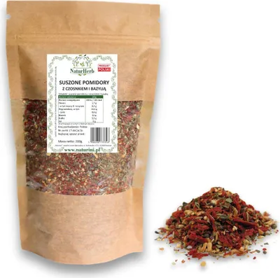 Zdjęcie produktu dla Pomidory suszone z czosnkiem i bazylią 100g naturalna mieszanka Naturini