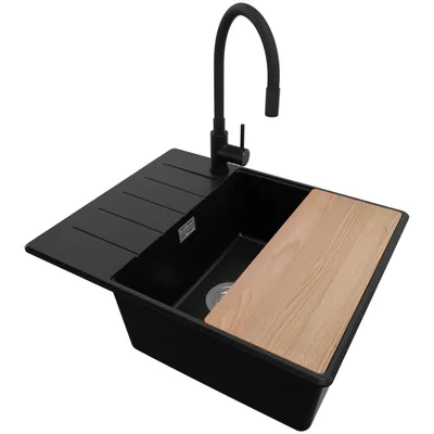 Produktbild von PRIMAGRAN Granitspüle Schwarz 62x50cm, Spülbecken 1 Becken + Küchenarmatur 40x38cm + Ablauf-Set + Schneidebrett, Küchenspüle ab 50er Unterschrank - Kopenhagen