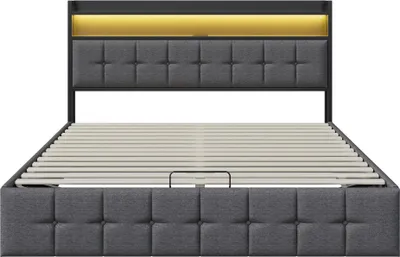 Image de Lit double 140x200 cm - Lit rembourré avec espace de rangement - Coffre de lit à mécanisme hydraulique - Sommier à lattes - Éclairage LED - Port USB - Tissu : lin gris