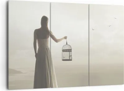 Produktbild von Bild auf Leinwand - Leinwandbild - 3 Teile - Frau Käfig Vogel - 165x110cm - Wand Bild - Wanddeko - Wandbilder - Leinwanddruck - Bilder - Wanddekoration - Leinwand bilder - Wandbild - CE165x110-4787