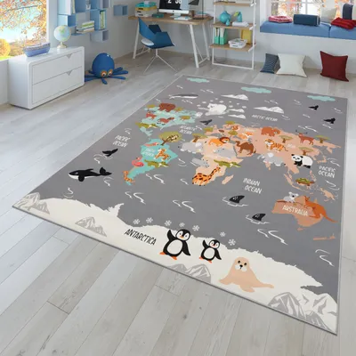 Produktbild von TT Home Kinderteppich Babyzimmer Teppich Kinderzimmer Rutschfest Tiere Weltkarte Autos Größe 100x200 cm