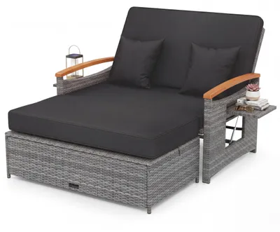 Produktbild von KOMFOTTEU Sonnenliege Rattan, Gartenliege mit Ottomane, Doppelliege mit verstellbarer Rückenlehne & klappbarem Seitenablage, Gartensofa mit Liegefunktion, Sonneninsel mit Stauraum, Balkonmöbel, KI-generiertes Bild