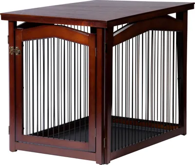 Produktbild von dobar Multifunktion Hundekäfig mit Tischoberfläche Größe L, Absperrung-Gatter aus Holz für innen, Hundebox Indoor klappbar, 101 x 71 x 80 cm, braun