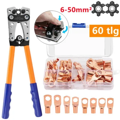Obrázek produktu pro Sada 60 kusů trubkových kabelových koncovek, kabelové koncovky pro baterie, lisovací nástroj 6–50 mm, spojky