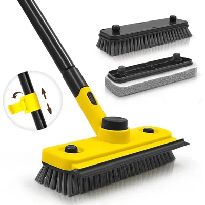 Image de Brosse à manche télescopique de 136 cm, brosse de nettoyage pour salle de bain avec éponge et raclette