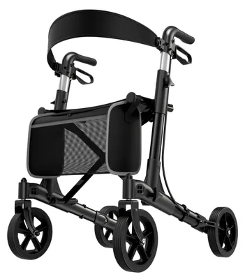Obrázok produktu pre Skladací chodítko so sedadlom – pomôcka na chôdzu pre seniorov – ľahká hliníková konštrukcia – kolesá s priemerom 20 cm – vhodné do každého terénu – čierna farba