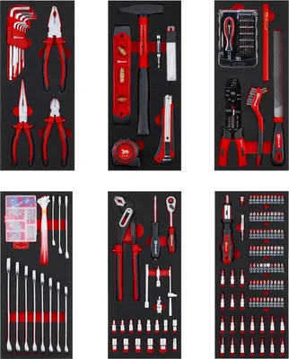 Produktbild von Original Einhell 6-Pads Werkzeugset für Werkstattwagen – 299 Teile inkl. Präzisions- & Spezialbits, Zangen, Schrauben, Steckschlüssel, Wasserwaage, Hammer & Maßband