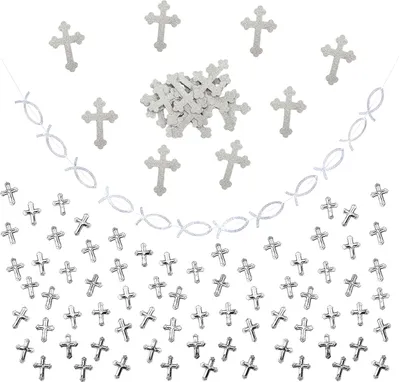 Produktbild von Oblique Unique Deko Set für Taufe Kommunion Konfirmation - Fisch Girlande + Kreuz Konfetti Silber Tischdeko