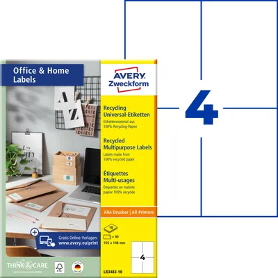 Produktbild von Avery Zweckform LR3483-10, Recycling Etiketten, Home Office, Kleinpackung, A4, 105 x 148 mm, 40 Etiketten / 10 Bögen, naturweiß