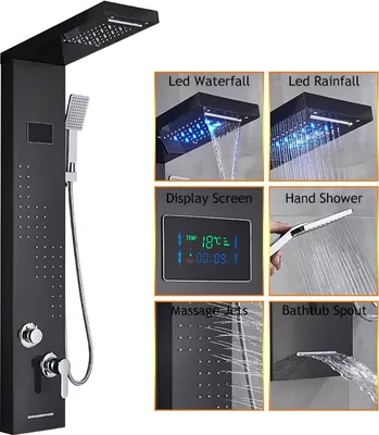 Obrázek produktu pro Koupelnový LED sprchový panel Digitální displej Masážní trysky Vodopád Koupelnový výtok Sprchový sloup, černý