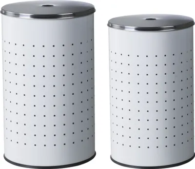 Two white laundry baskets with silver lids and a dotted pattern are shown against a white background.