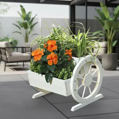 Produktbild von Holz Pflanzkübel + Wagenräder Garten Dekoration Blumentrog Holzkasten Weiß