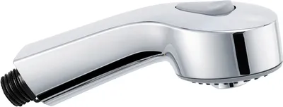 A chrome-plated shower head with a gray button on top, isolated on a white background.