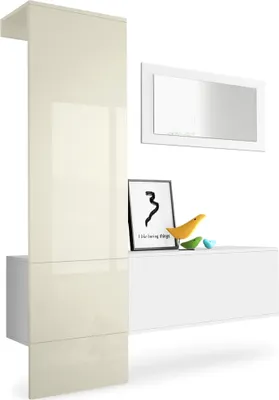 Produktbild von Vladon Garderobe Carlton Set 4,  Germany, Garderobenset bestehend aus 1 Garderobenpaneel, 1 Schrankmodul und 1 Wandspiegel, Weiß matt/Creme Hochglanz (156 x 193 x 35 cm)