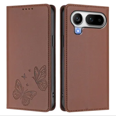Image de Étui en cuir pour Honor Magic8 Pro Air, étui de protection type portefeuille en cuir gaufré « papillon » avec support, marron