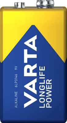 A VARTA 9V battery is shown against a white background.