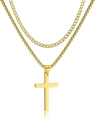 Image de RWQIAN Hommes Chaîne Croix en acier inoxydable Collier cubain avec pendentif 20/22 or