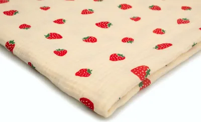 Produktbild von Baumwoll Musselin Stoff mit Aufdruck, Double Gauze, Erdbeeren auf Ecru 50 x 130 cm