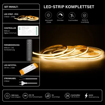 Produktbild von LED Streifen Set Warmweiß – COB LED Streifen 24V, punktfrei, 14 W/m, 5m, 2700K, CRI 90, IP33 – SS100 Netzteil, SZ2 Zigbee 3.0 Controller und C1 Fernbedienung Schwarz