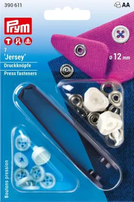 Obrázok produktu pre Stláčacie gombíky + narážač Jersey, našitý vzhľad, 12 mm, 7 ks, modré