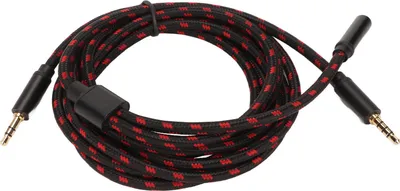 A coiled black and red braided audio cable with gold-plated connectors.