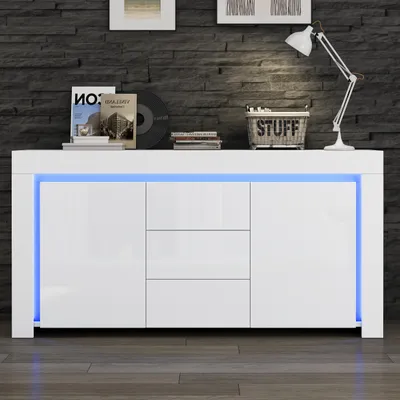 Obrázek produktu pro Sweiko 140x40x65cm skříňka do obývacího pokoje,Moderní komoda se 3 zásuvkami, 2 dvířka,Šířka 140 cm,Boční skříňka ve vysokém lesku s LED světelným páskem,Příborník s úložným prostorem,Vhodná do předsíně, obývacího pokoje, kanceláře,Bílá barva