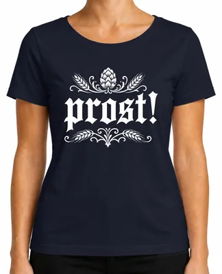 Productafbeelding van Proost! Hopfen Gerste Bierfestival. . Traditioneel kledingstuk: shirt, lederhosen. Dames T-shirt, marineblauw, maat XL