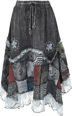 Produktbild von Langer Boho Stonewash Patchwork Zipfelrock Maxirock mit Spitze - Schwarz, Damen, Baumwolle, Größe: S/M